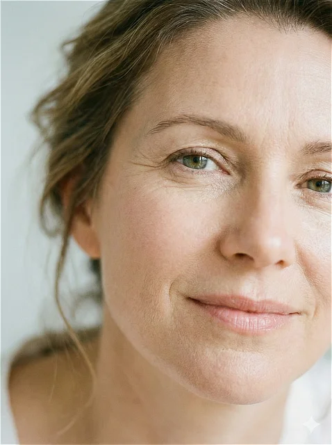 Primer plano del rostro de una mujer de mediana edad con una expresión serena y natural, mostrando una mirada descansada y arrugas de expresión suavizadas, ejemplo de un resultado estético sin "efecto congelado".
