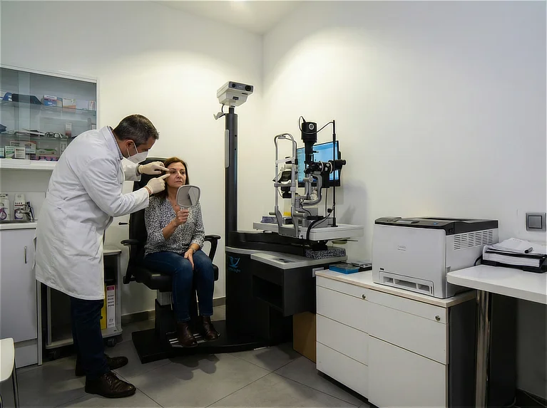 Un doctor con bata blanca y mascarilla señala con el dedo la zona periocular de una paciente, quien sostiene un espejo de mano para observar sus rasgos durante una valoración clínica en un gabinete oftalmológico.