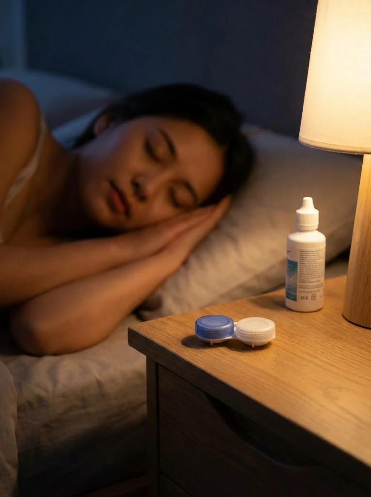Estuche de lentillas nocturnas Orto-K y solución de mantenimiento en la mesita de noche mientras el paciente duerme.