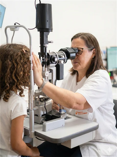 Optometrista pediátrica realizando un examen visual exhaustivo con lámpara de hendidura a una niña en consulta clínica, paso crucial en la evaluación de problemas visuales relacionados con el aprendizaje o el TDAH.